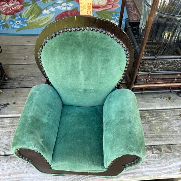 Vintage Victorian Green Velvet Upholstered Doll Chair - Picture 8 of 9